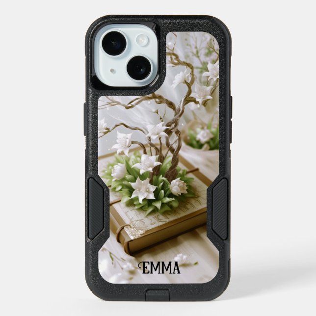 Flowering Tree Growing From a Book Custom Name iPhone 15 Case (Back)