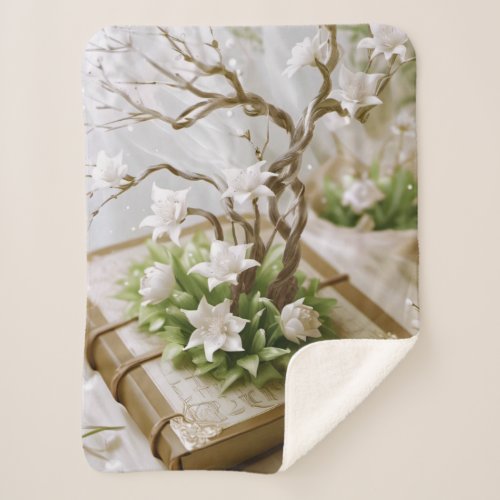 Flowering Tree Growing From a Book Sherpa Blanket