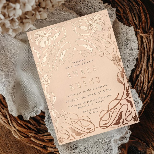 Flowering Vines Botanical Art Nouveau Peach Rose Foil Invitation (Creator Uploaded)