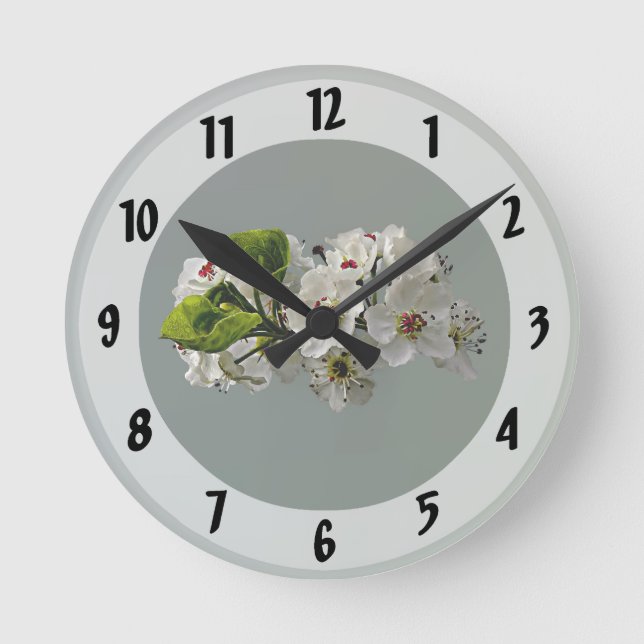 Flowering White Pear Blossoms Round Clock (Front)