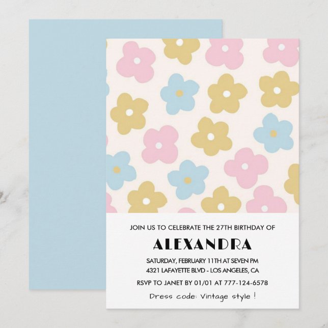 Flowers 27th birthday invitations Retro Blue Pink  (Front/Back)