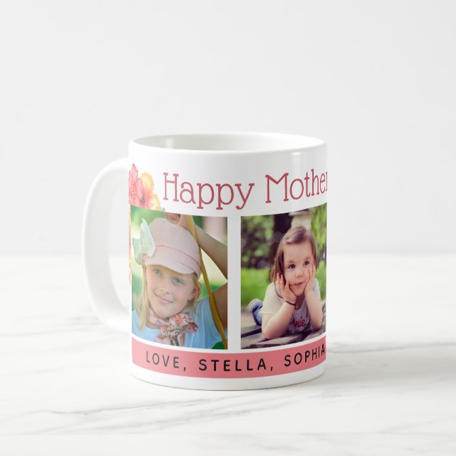 Flowers 3 Photos Coral Mother's Day Coffee Mug (Front Left)
