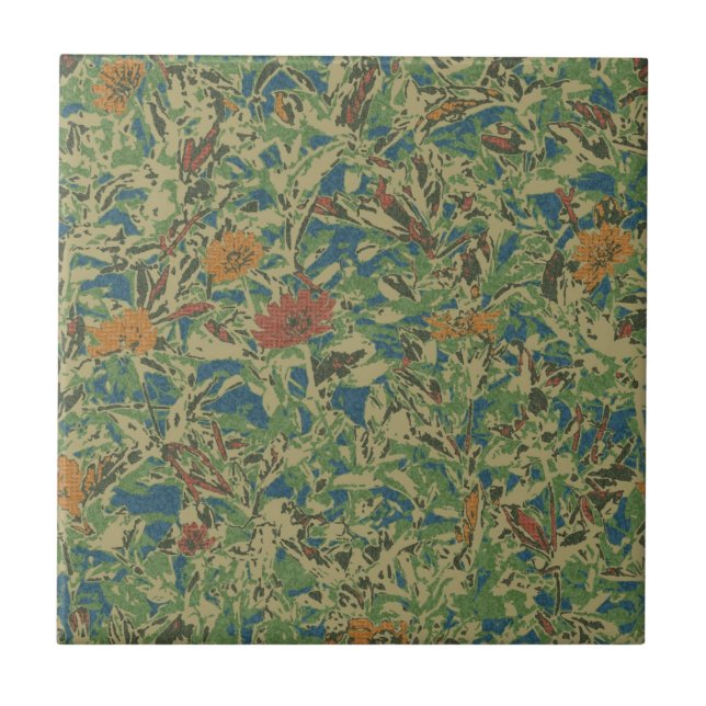 Flowers against leaf camouflage pattern ceramic tile (Front)