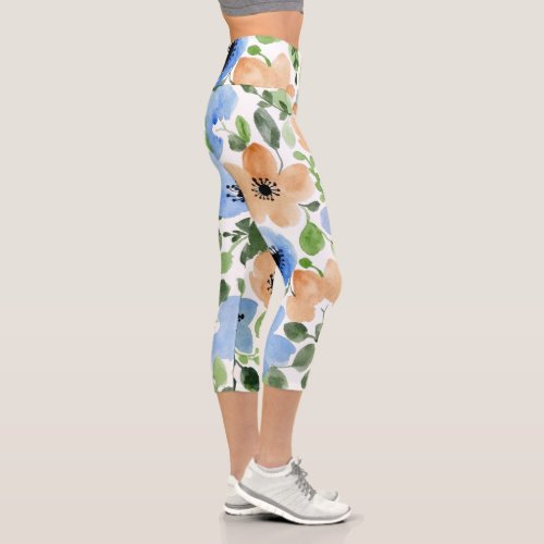 Flowers All Over Peach Blue Green Watercolor Capri Leggings