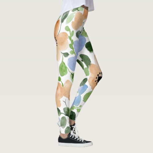Flowers All Over Peach Blue Green Watercolor Leggings