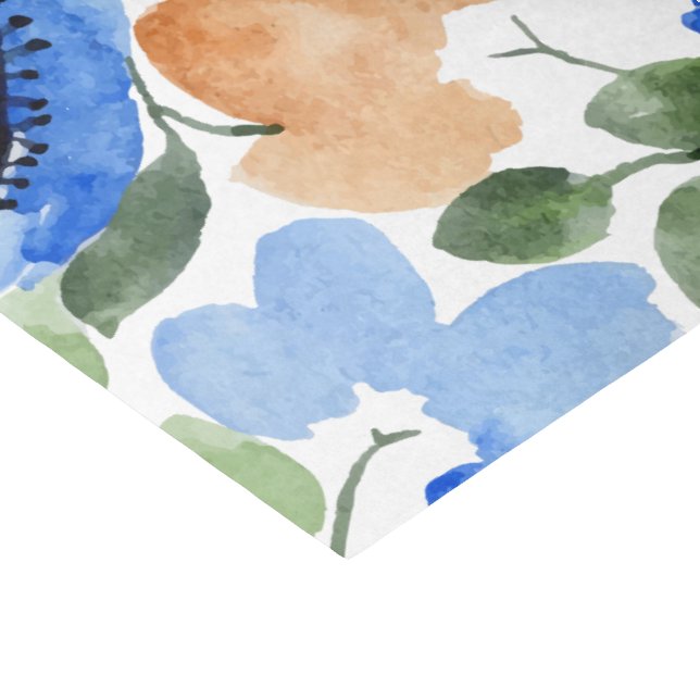 Flowers All Over, Peach, Blue, Green Watercolor Tissue Paper (Corner)