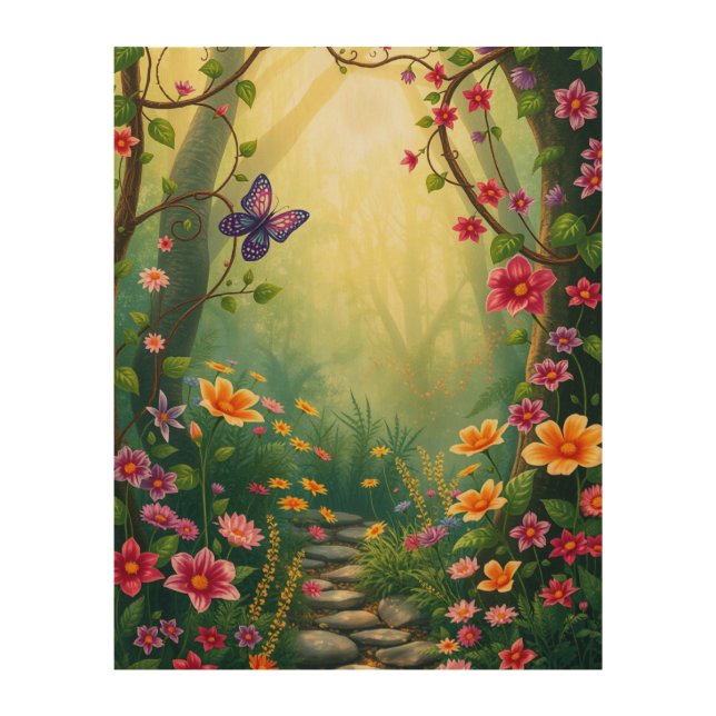 Flowers and a Butterfly in an Enchanted Rainforest Wood Wall Art (Front)