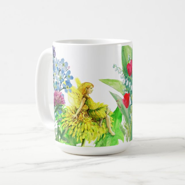 Flowers and a dandelion Fairy watercolor painting Coffee Mug (Front Left)