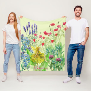 Flowers and a dandelion Fairy watercolor painting Fleece Blanket