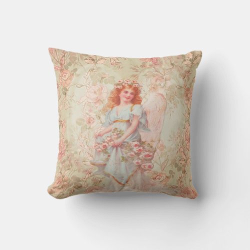 Flowers and Angel Vintage Collage Throw Pillow