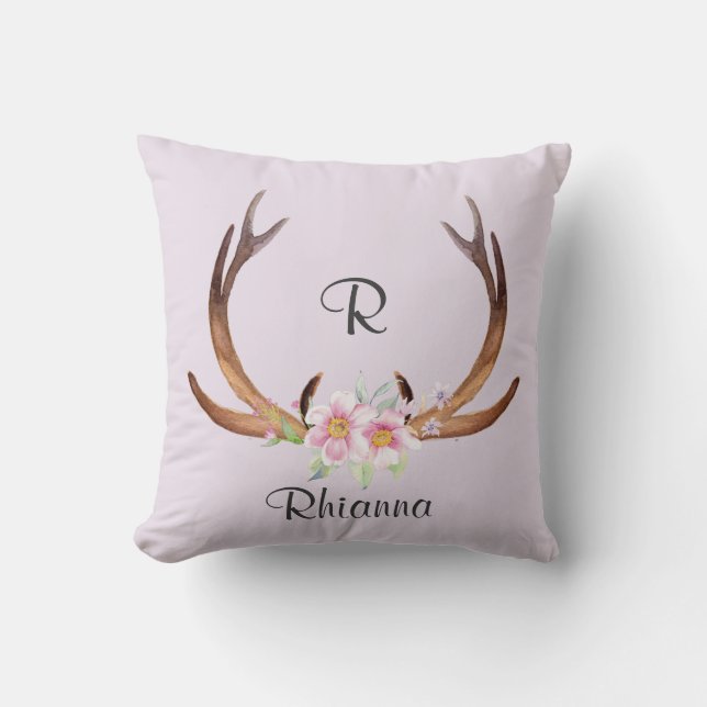 Flowers and Antlers Throw Pillow (Front)