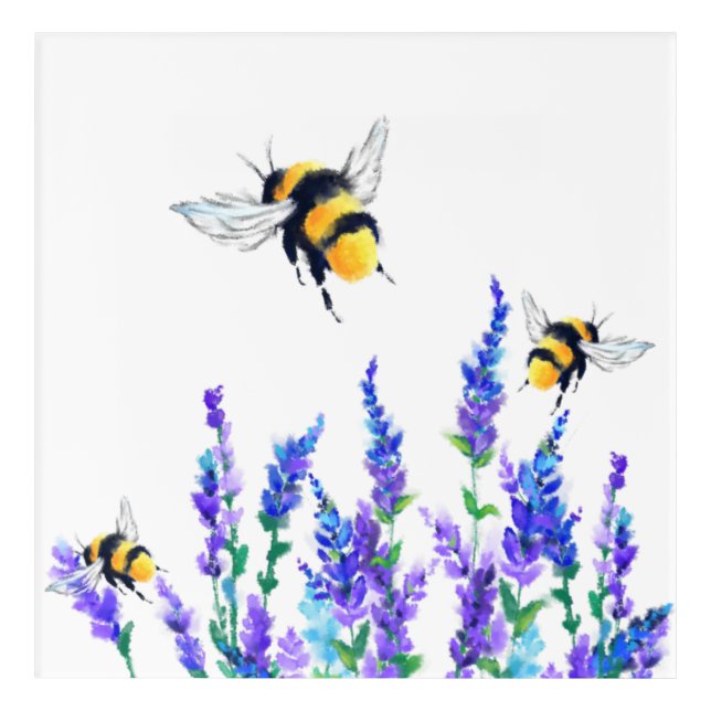Flowers and Bees Acrylic Print - Painting (Front)