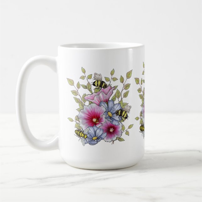Flowers and Bees, Freehand Botanical Art Coffee Mug (Left)
