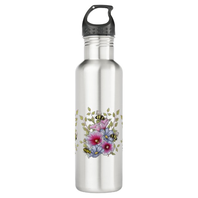 Flowers and Bees, Freehand Botanical Art Stainless Steel Water Bottle (Front)
