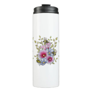 Flowers and Bees, Freehand Botanical Art Thermal Tumbler