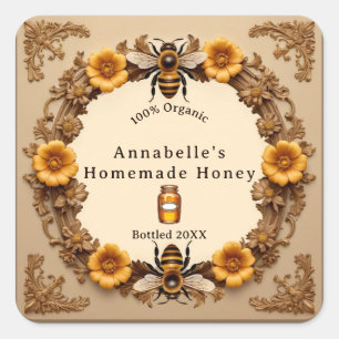Flowers and Bees Homemade Honey Personalize Square Sticker
