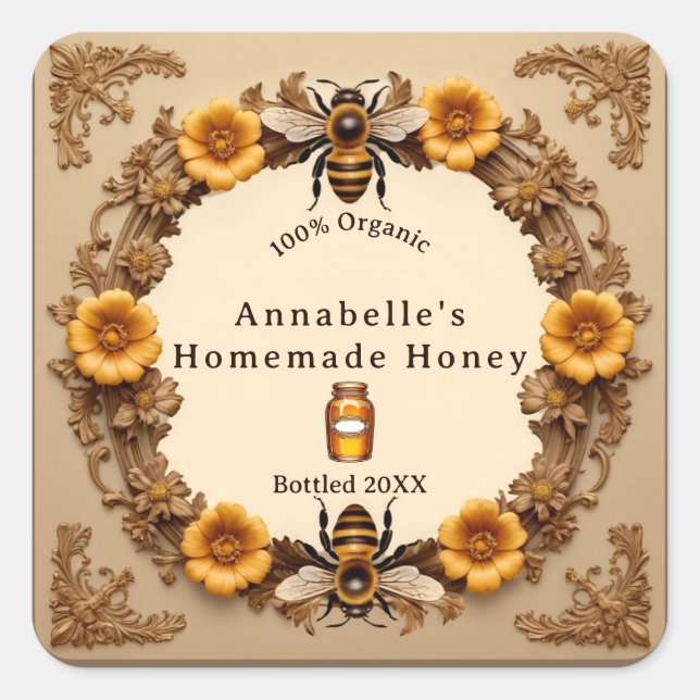 Flowers and Bees Homemade Honey Personalize Square Sticker (Front)