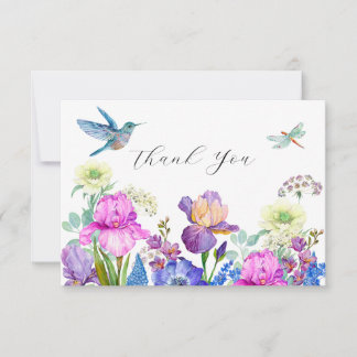 Flowers and bird hummingbird Watercolor thank you  Card