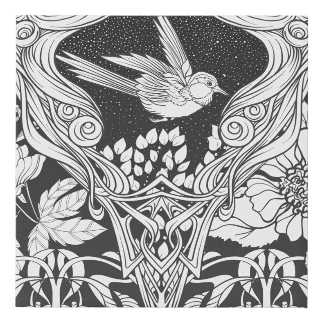 Flowers and bird in art nouveau style seamless pat faux canvas print (Front)