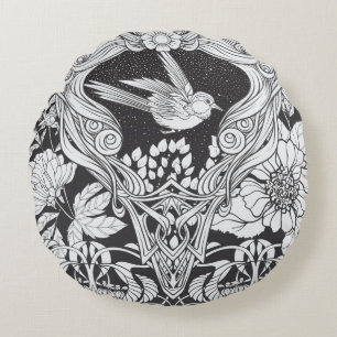 Flowers and bird in art nouveau style seamless pat round pillow
