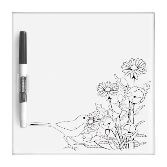 Flowers And Bird To Color Flower Outline Art Dry Erase Board Custom Gift Zazzle Com