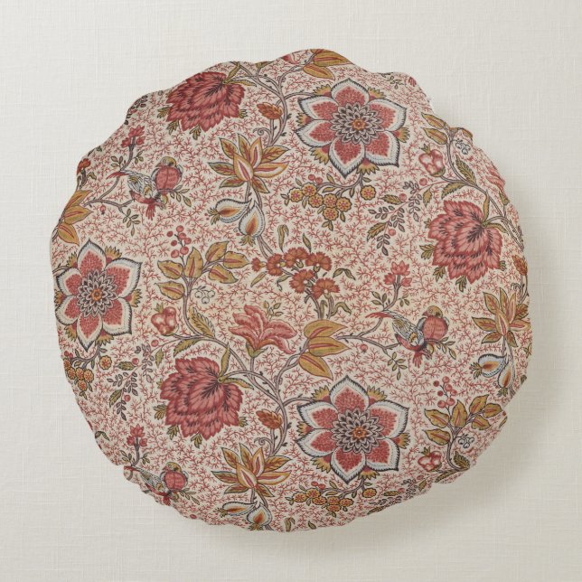 Flowers and Birds on a Dotted Twig Floral Pattern Round Pillow (Back)