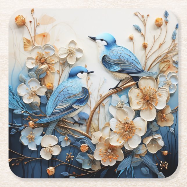 Flowers and Birds Square Paper Coaster (Front)
