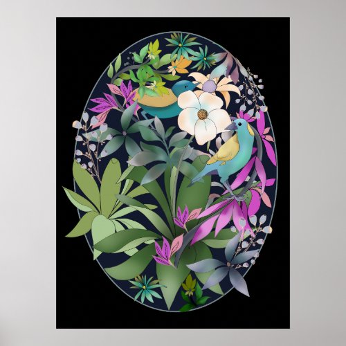 Flowers and birds tropical forest art  poster