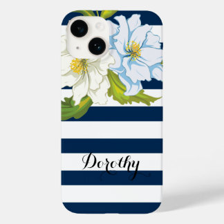 Flowers and blue, white stripes modern floral Case-Mate iPhone 14 case