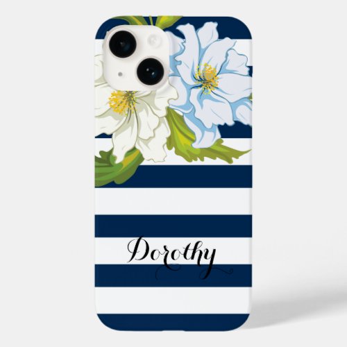 Flowers and blue white stripes modern floral Case_Mate iPhone 14 case