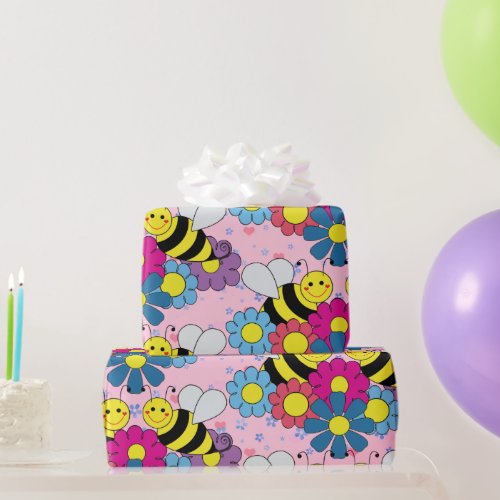 Flowers and Bumble Bees Pink Wrapping Paper