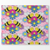 Flowers and Bumble Bees Pink Wrapping Paper (Flat)
