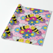 Flowers and Bumble Bees Pink Wrapping Paper (Unrolled)