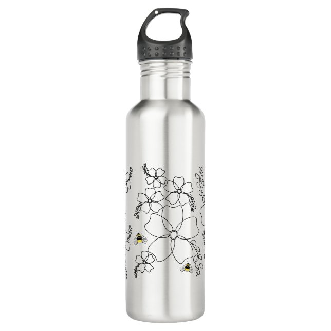 Flowers and bumblebee in a minimalist style stainless steel water bottle (Front)