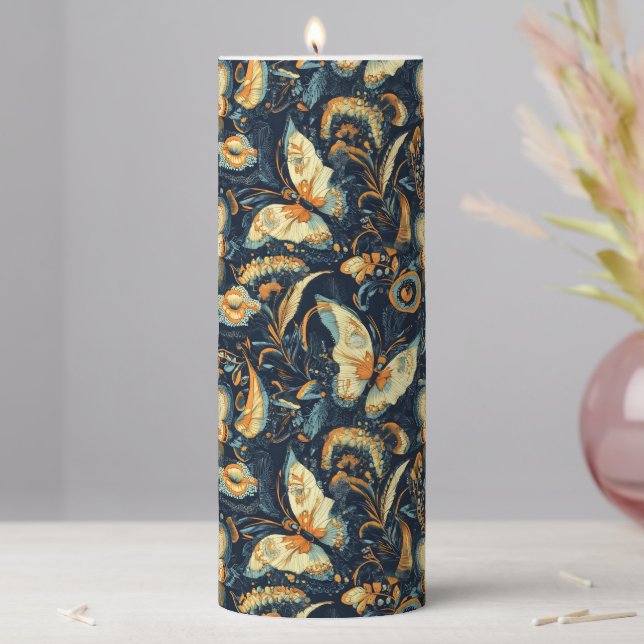 Flowers and Butterflies Abstract Pattern Pillar Candle (In Situ)