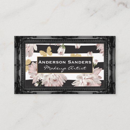 Flowers and Butterflies  Antique Black Border Business Card