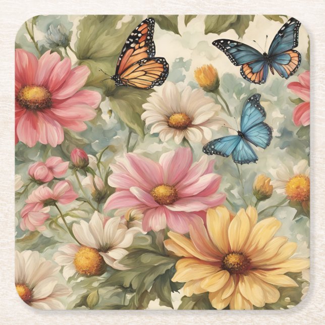 Flowers And Butterflies Art Work  Square Paper Coaster (Front)