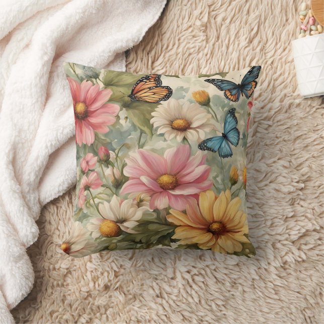 Flowers And Butterflies Art Work Throw Pillow (Blanket)