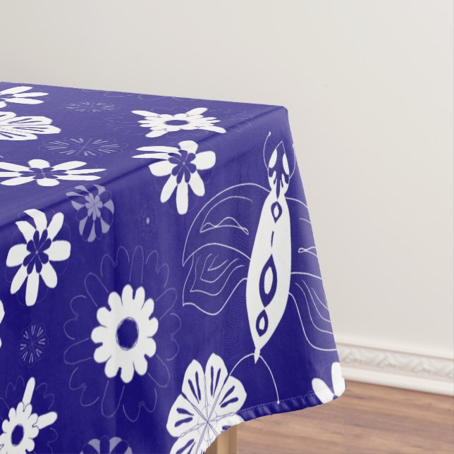 Flowers and butterflies blue and white pattern tablecloth (In Situ)