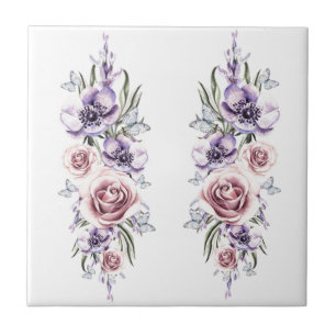 Flowers and Butterflies - Drawing Art - Vintage Ceramic Tile