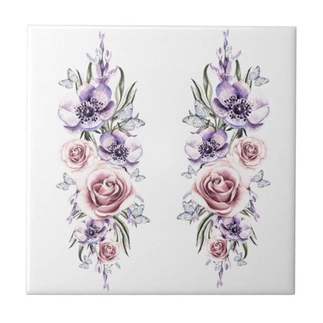 Flowers and Butterflies - Drawing Art - Vintage Ceramic Tile (Front)