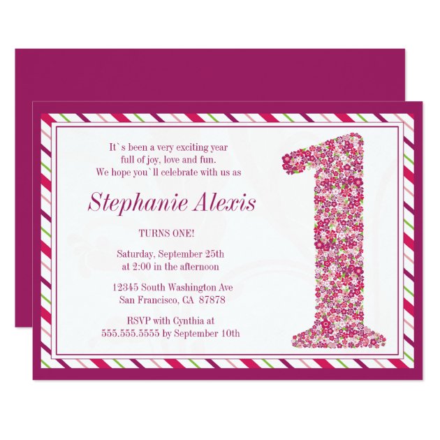 Flowers And Butterflies First Birthday Invitation
