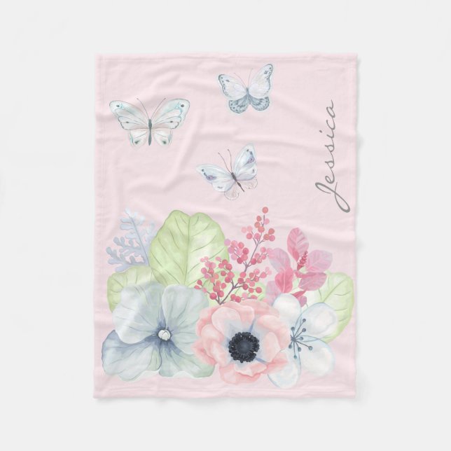 Flowers and Butterflies Fleece Baby Blanket (Front)