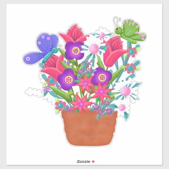Flowers and Butterflies in Terra Cotta Pot Sticker (Sheet)