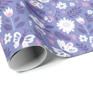 Flowers and Butterflies on Purple Wrapping Paper