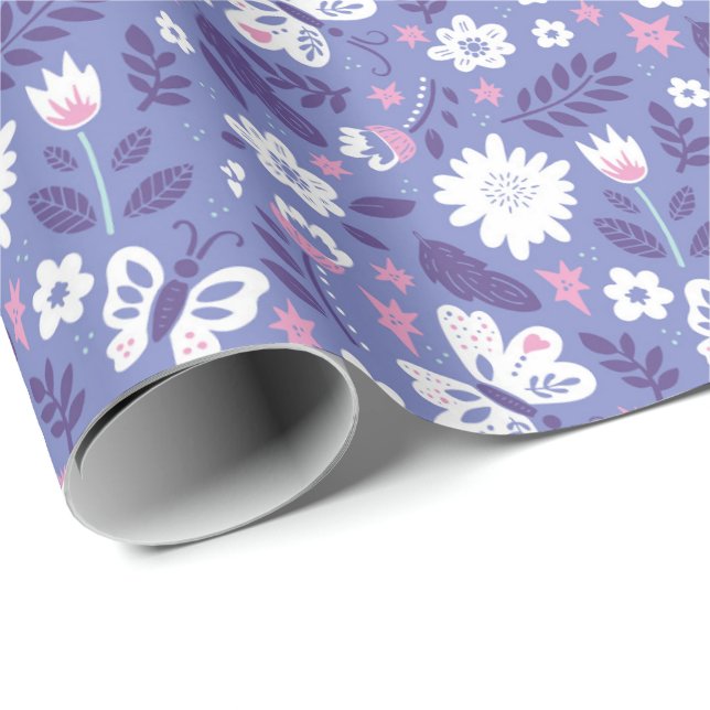 Flowers and Butterflies on Purple Wrapping Paper (Roll Corner)