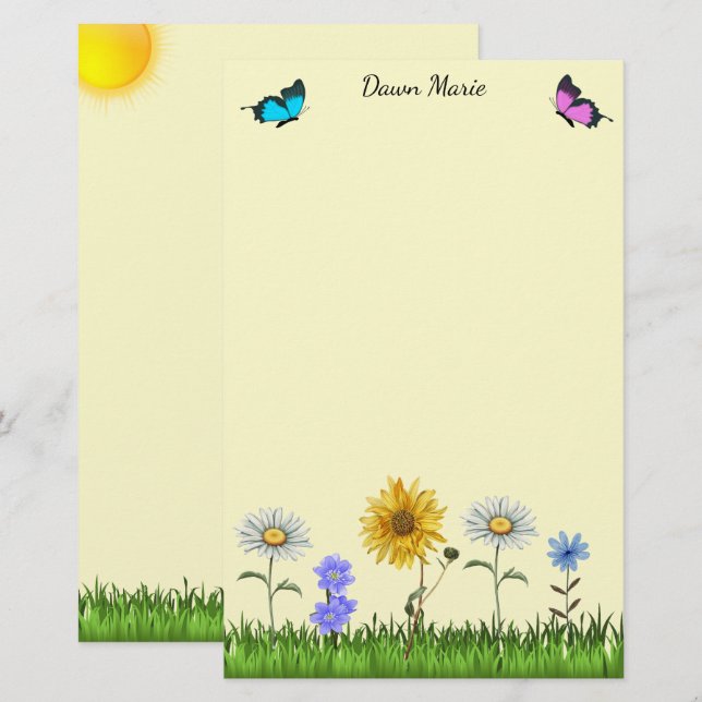 Flowers and Butterflies Personalized 5.5" x 8.5" Stationery (Front/Back)