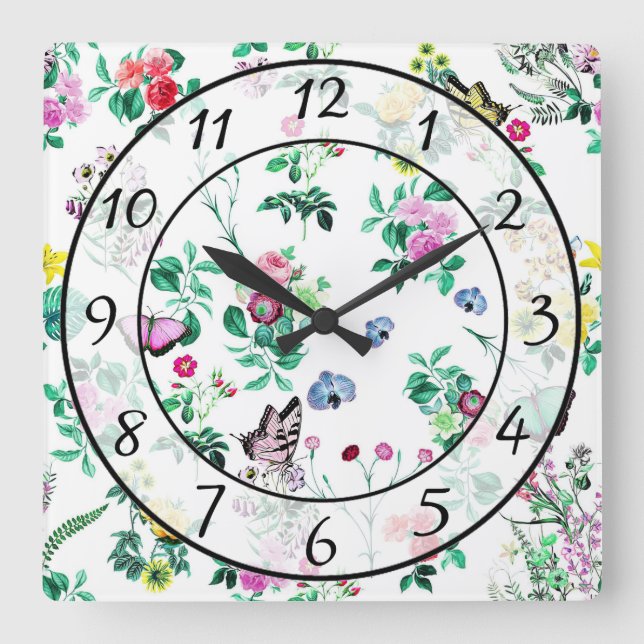 Flowers and Butterflies Square Wall Clock (Front)
