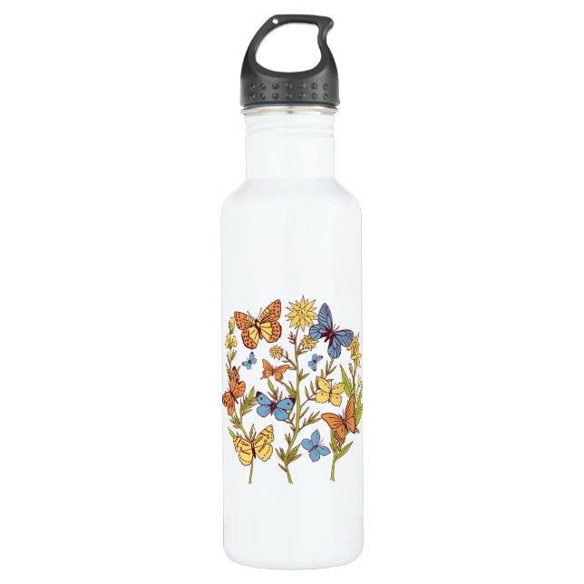 Flowers and Butterflies Stainless Steel Water Bottle (Front)