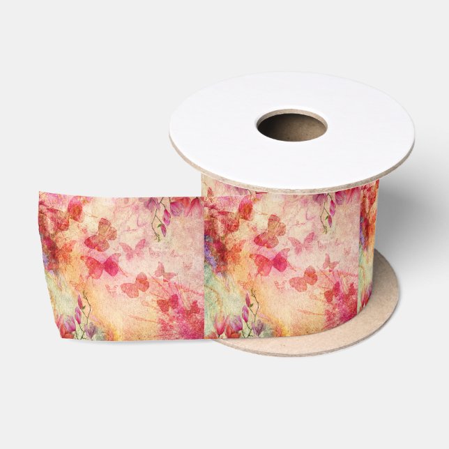 Flowers And Butterflies Watercolour, Satin Ribbon (Spool)